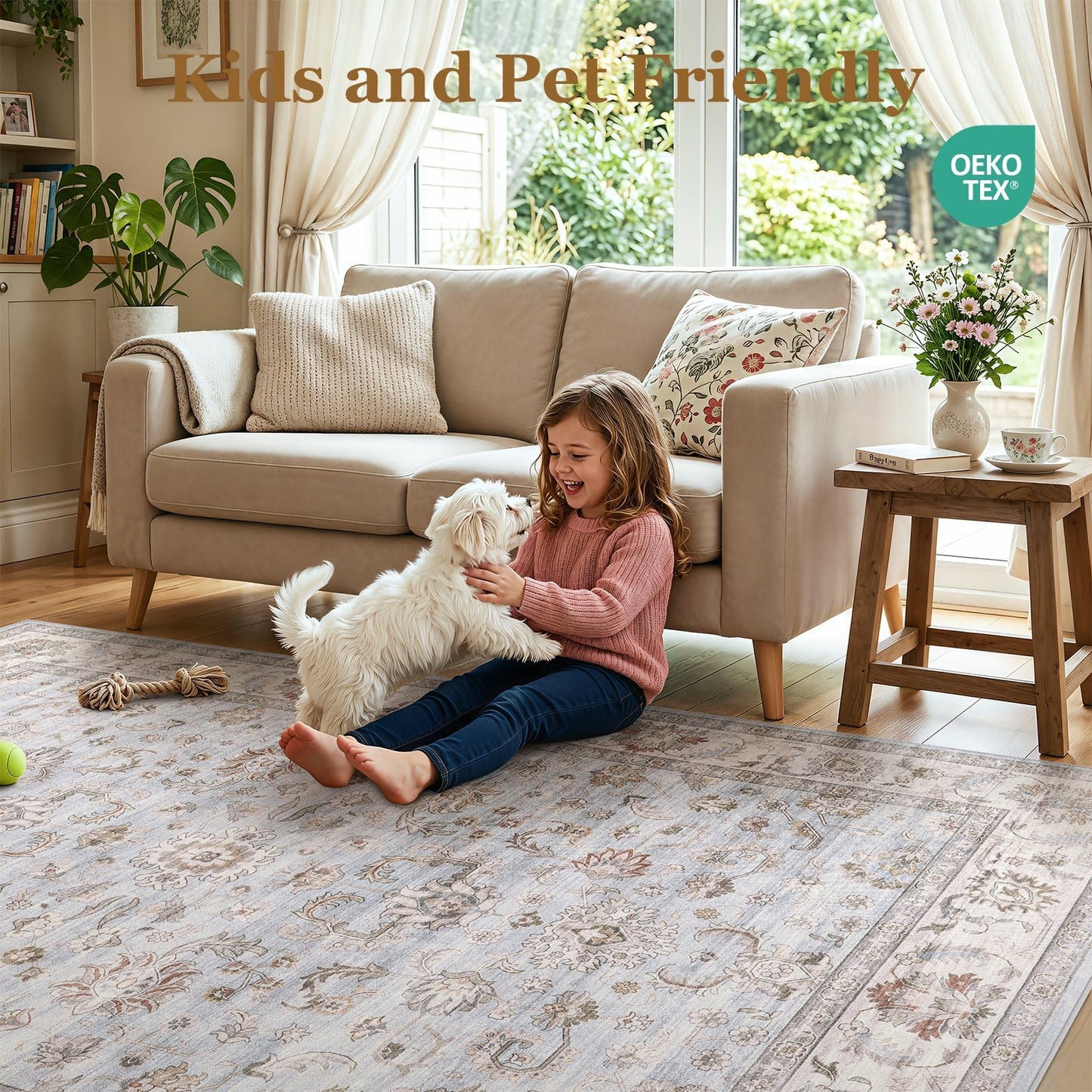 WITSHOCK 5x7 Vintage Floral Area Rug, Washable Non Slip Low Pile Carpet for Living Dining Bedroom Nursery, Stain Resistant, Vacuum Friendly Foldable, Pet & Kid Safe (Blue Gray)