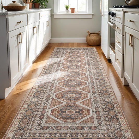 3x8 Runner Rug Kitchen Washable: Oriental Indoor Hallway Runners with Non Slip Backing Floor Mat for Entryway Door Low Pile Thin Carpet for Bedroom Bathroom Living Room Bedside Brick