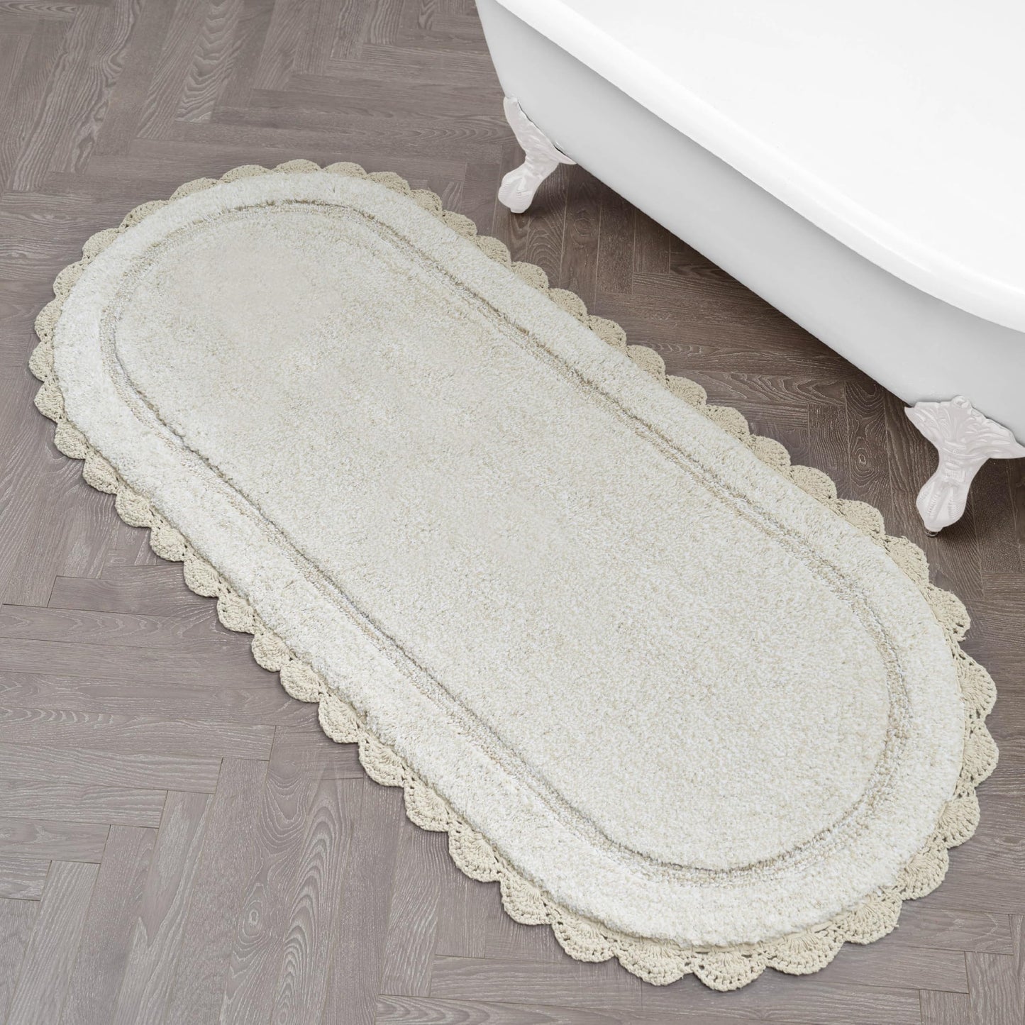 Laura Ashley Eloise 100% Cotton Oval Bath Mat with Crochet Border, Soft & Absorbent, Sandshell Beige 24" x 60" Bathroom Rug