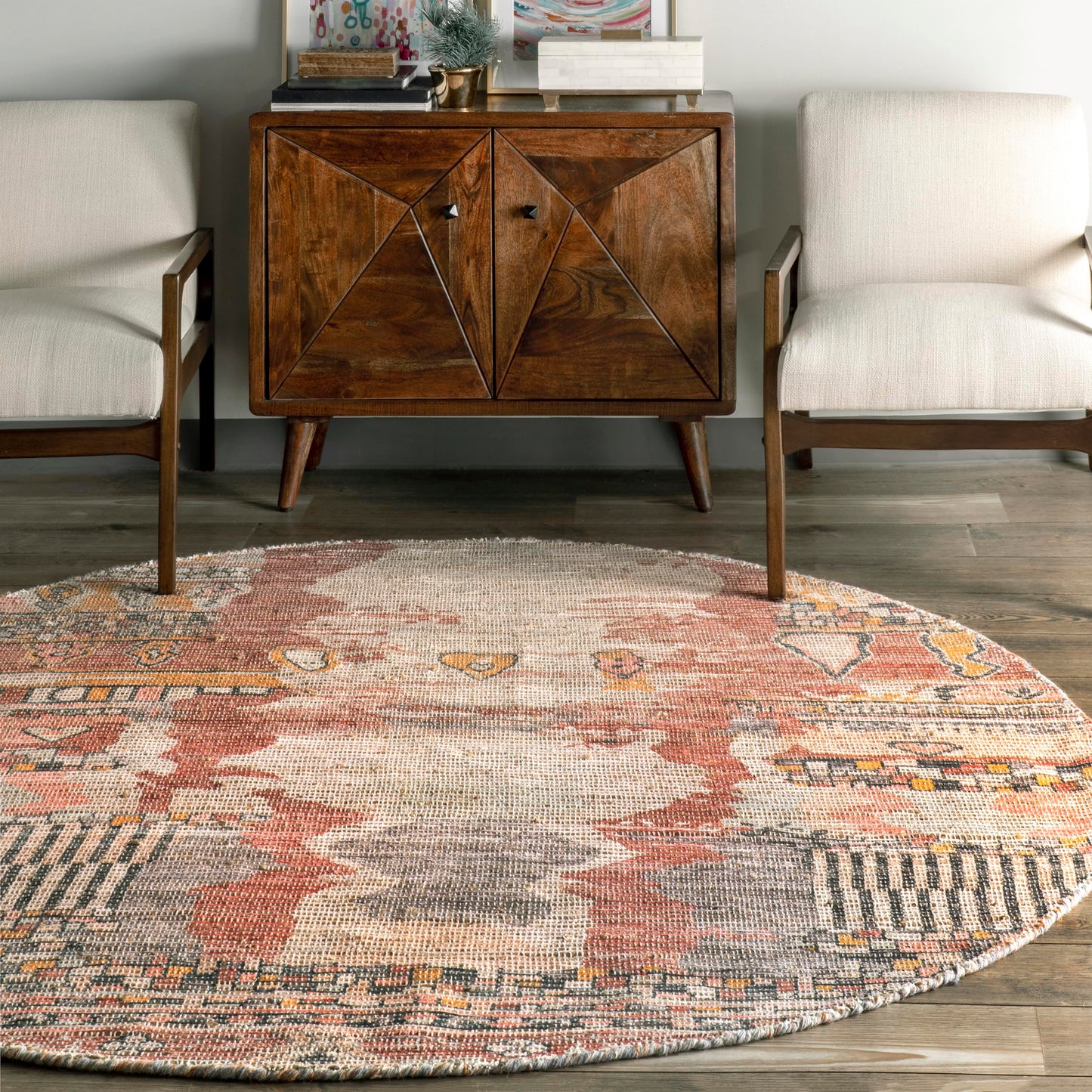 Nuloom Hermina Multicolor/Ivory, 6' Round, Handmade, Jute, Tribal, Tasseled, Soft and Textured, High Traffic, Stain Resistant, Easy Clean, Durable Runner for Bedroom, Living Room, Dining, Foyer
