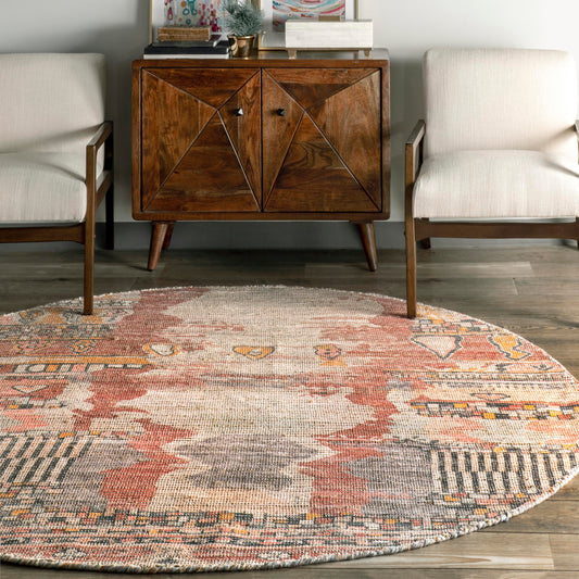 Nuloom Hermina Multicolor/Ivory, 6' Round, Handmade, Jute, Tribal, Tasseled, Soft and Textured, High Traffic, Stain Resistant, Easy Clean, Durable Runner for Bedroom, Living Room, Dining, Foyer