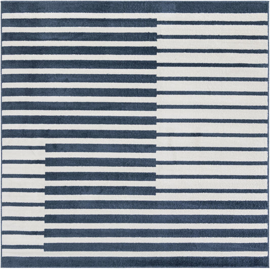 Rugs.com - Oslo Rug – 8 Ft Square Blue Easy-Clean Stain-Resistant Area Rug – Modern Geometric Striped Design for Living Room, Bedroom, Home Office