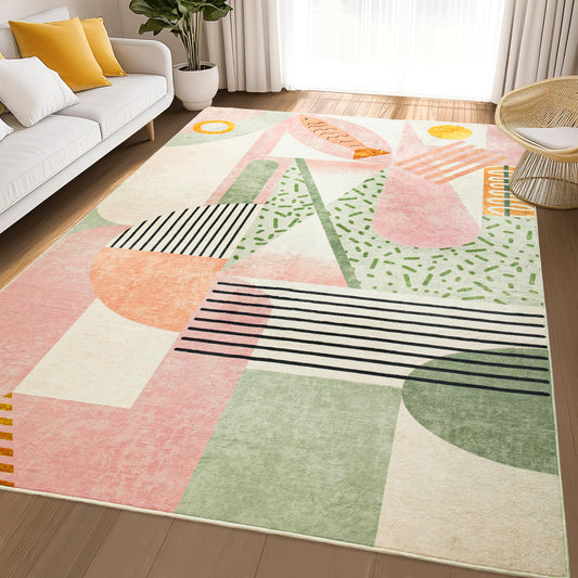 Tepook Pink Area Rug for Living Room, 5x7 Indoor Carpet for Bedroom Washable, Non-Slip Abstract Print Kids Rug for Nursery Playroom Classroom Dorm Office Dining Room