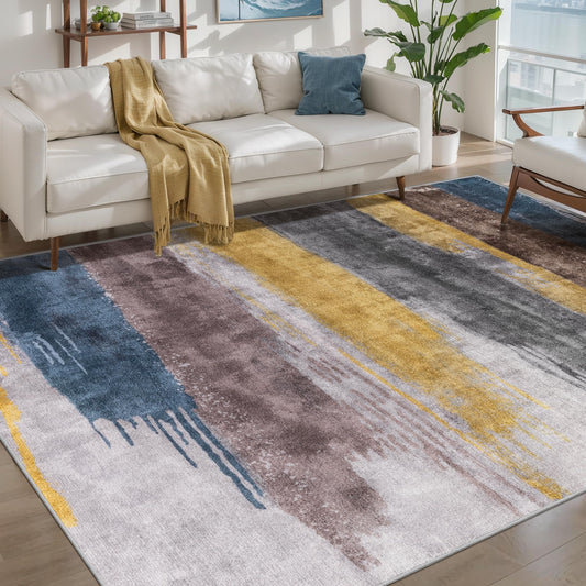 Ciicool Modern Abstract Rug for Living Room, 5'x7' Machine Washable Area Rug Non-Slip Rug, Low-Pile Contemporary Indoor Dining Floor Carpet for Bedroom Office Under Table Home Decor Yellow Blue Gray
