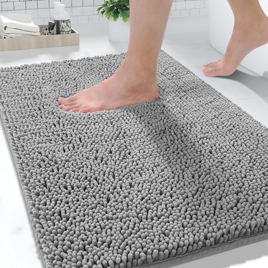 Yimobra Washable Bathroom Rugs, Super Soft & Absorbent Chenille Bath Mat for Floor & Carpet, Quick Dry Non Slip Bath Mat for Tub Shower, 24" x 17",Gray