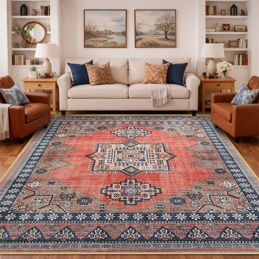 FLYRUGGO Boho Persian 5x7 Rust Area Rug for Living Room Dining Room Office Bedroom