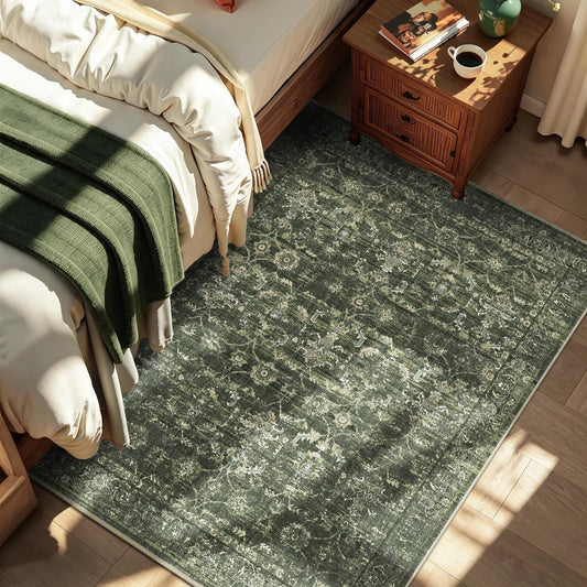 DUIDY 4x5 Green Washable Area Rugs for Living Room Vintage Boho Non Slip Rug Distressed Floral Carpet Indoor Retro Soft Low Pile Farmhouse Throw Rug for Bedroom Dining Room Nursery Office