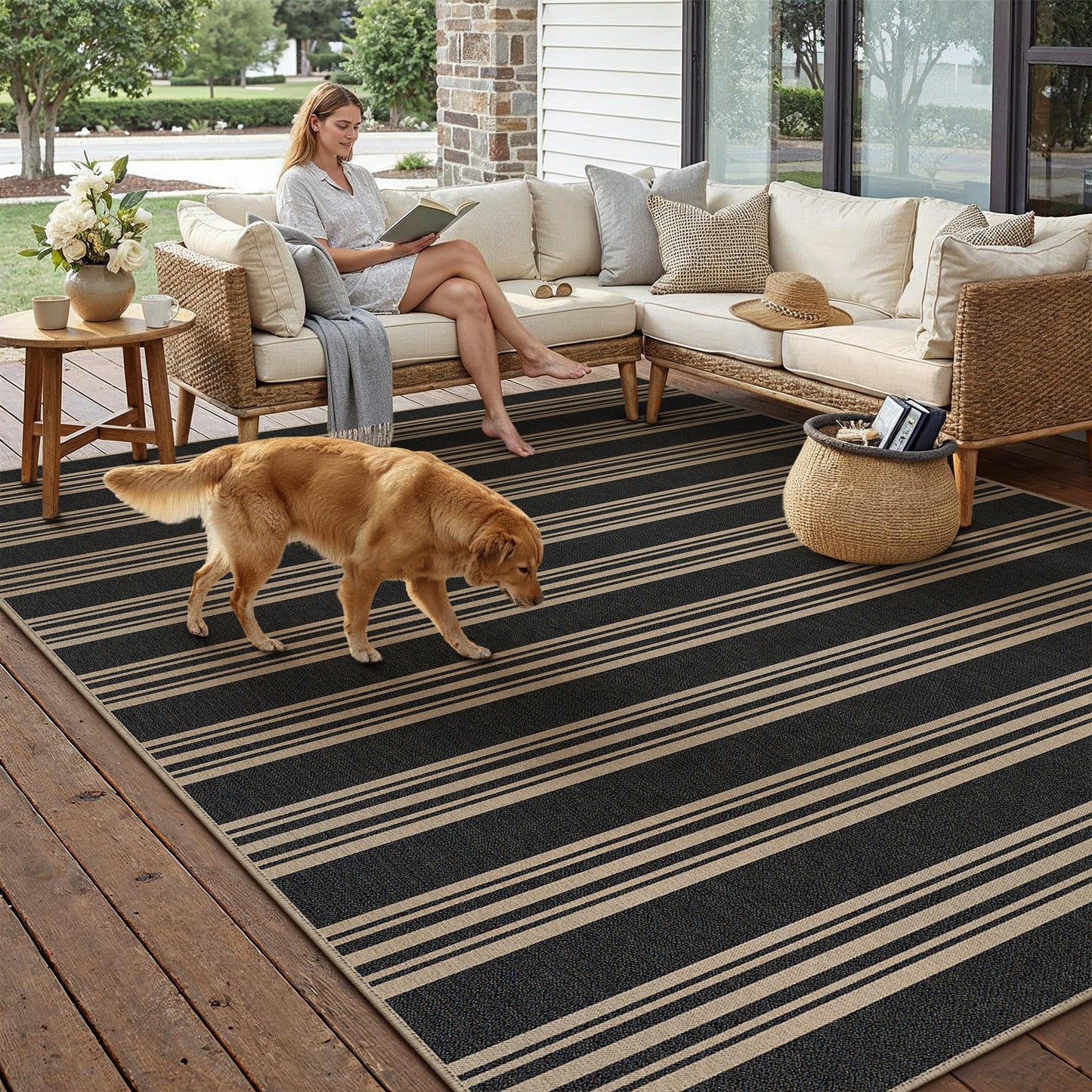 PureCozy Striped Easy Jute Rug 6x9 Black Living Room Carpet Washable Non Slip Bedroom Rug Farmhouse Neutral Non Shedding Indoor Outdoor Large Carpet for Dining Room Under Table Office