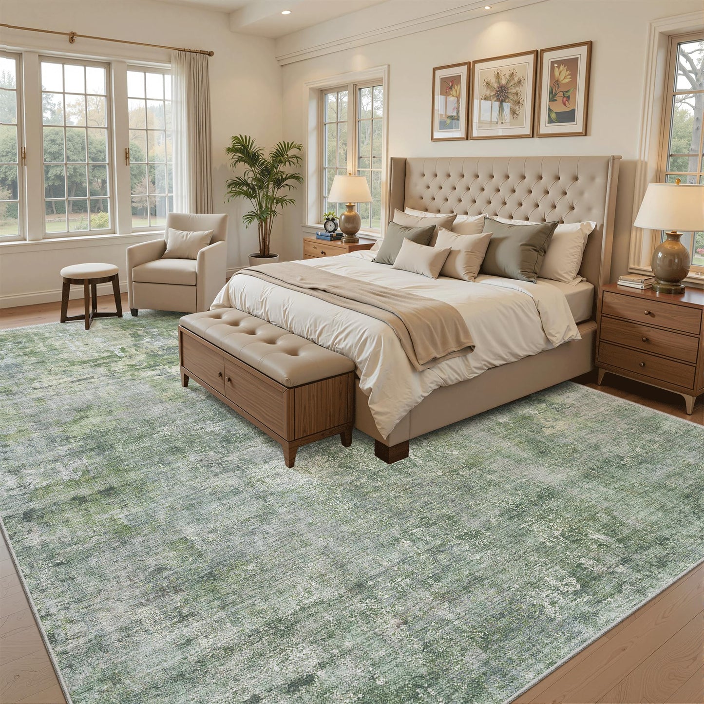 Soalmost Abstract Rug 8x10 Large Living Room Rugs Neutral Modern Washable Area Rugs for Bedroom Dining Room Non-Slip Stain Resistant Foldable Thin Rug Green