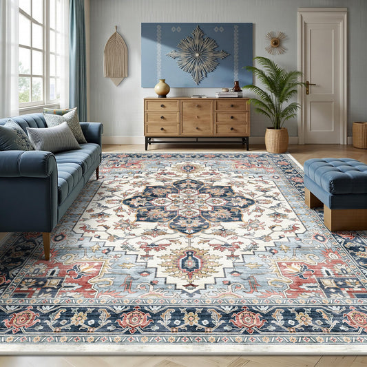 Yarooge 8x10 Area Rugs for Living Room - Washable Rug Vintage Distress Boho Medallion Rugs for Bedroom, Soft Non-Slip Backing Low Pile Carpet for Dining Room Office Nursery Home, Blue Beige Orange