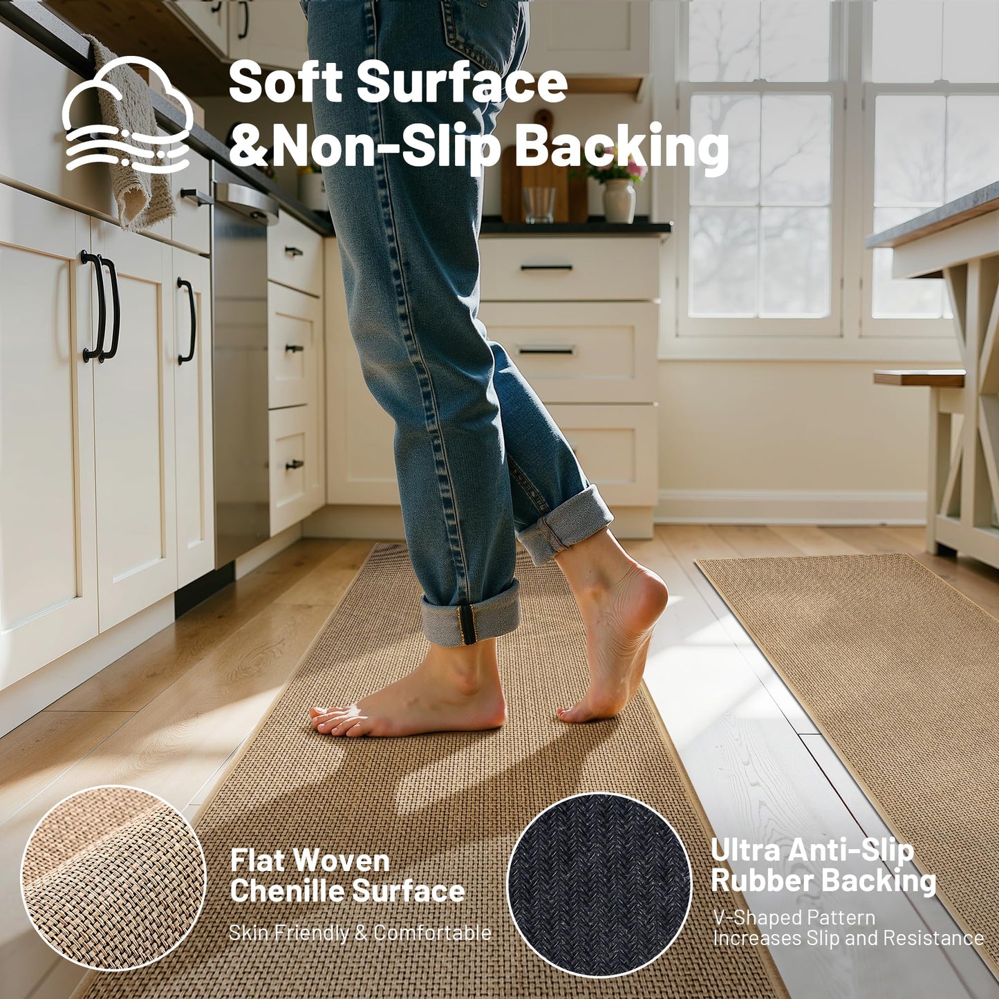 Beige Kitchen Rugs Non Slip Washable Set of 2 PCS, Cushioned Rugs for Kitchen Floor, Absorbent Runner Rug Comfort Mats with Rubber Backing for Kitchen, Hallway, Bathroom, Bedroom, 17.3"x30"+17.3"x47"
