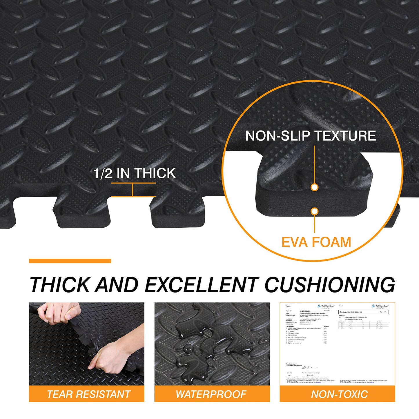 Mat Block EVA Exercise Floor Mats: Interlocking Foam Tile Performance Mats - 6 Tiles (Area: 24 SQ FT) 1/2 inch Thickness, EVA Home Gym Exercise Floor Mats for All Exercises or Equipment, Black