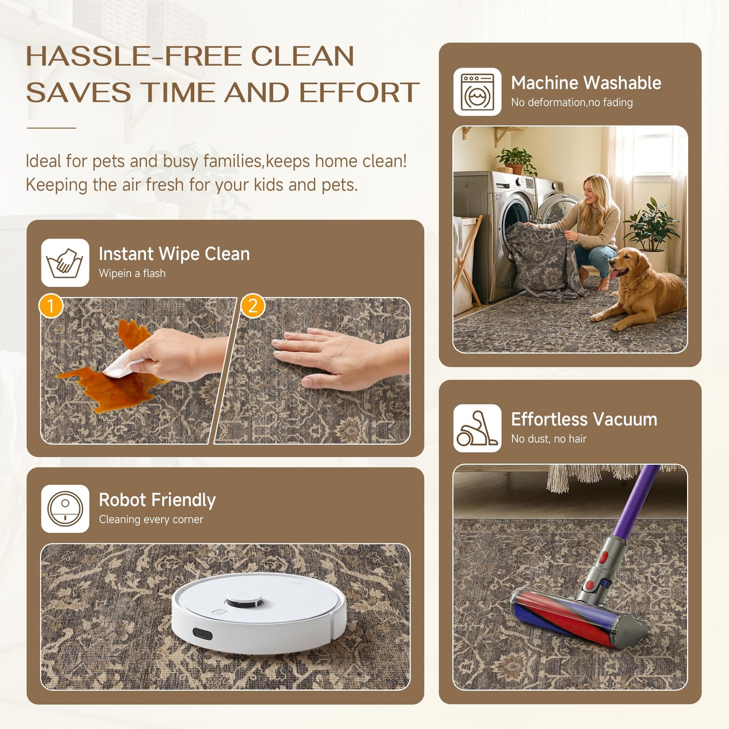 HUGEAR Area Rug 9x12 Retro Brown Machine Washable Living Room Rugs Distressed Vintage Floral Vacuumable Low Pile Carpet Bedroom Office Dining Room Laundry Room Non Slip Soft Lightweight