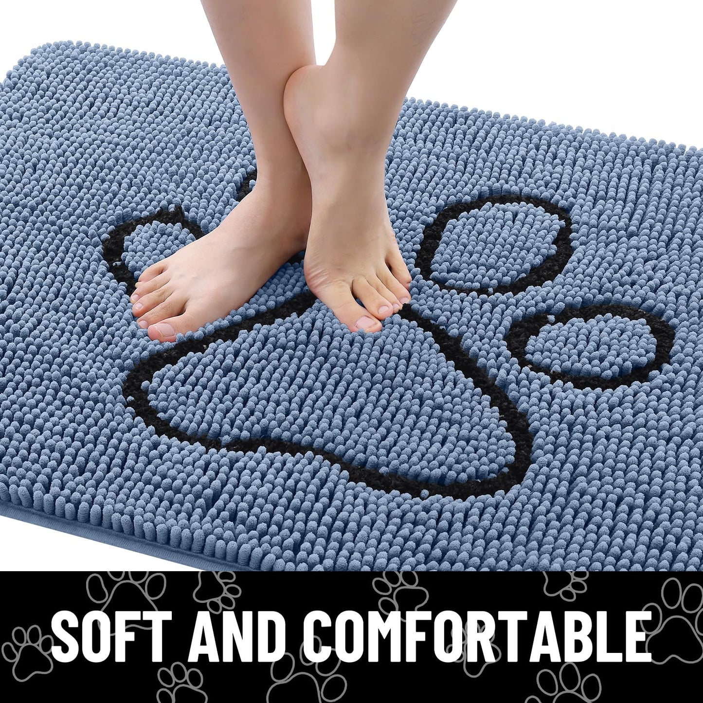 Smiry Dog Door Mat for Muddy Paws, Absorbent Dirt Trapper Non Slip Quick Dry Washable Chenille Mat for Mud Dogs, Entry Rug for Indoor and Outdoor (48x30 Inches, Airy Blue and Black)