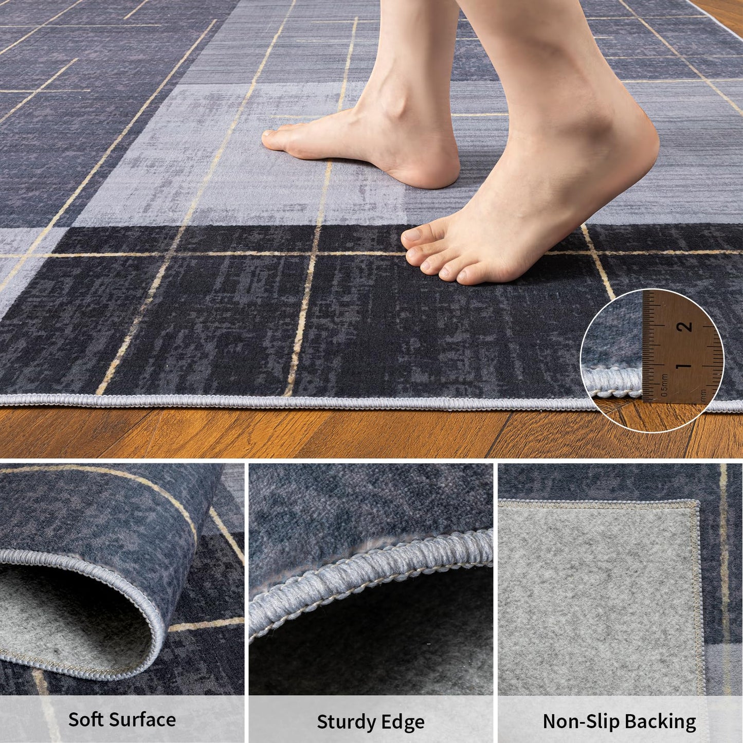 YIHOUSE 6x9 Geometric Checkered Abstract Modern Area Rugs for Living Room,Contemporary Washable Rugs with Gold Striped,Blue and Grey White Carpet for Bedroom Living Room