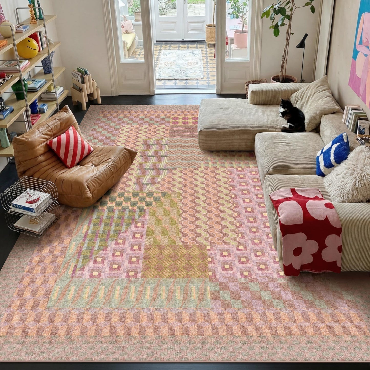 Kokia 9x12 Modern Geometric Washable Area Rug, Non-Slip Stain-Resistant Low Pile Rugs for Girls Bedroom, Living Room, Dining Room, Pink and Purple