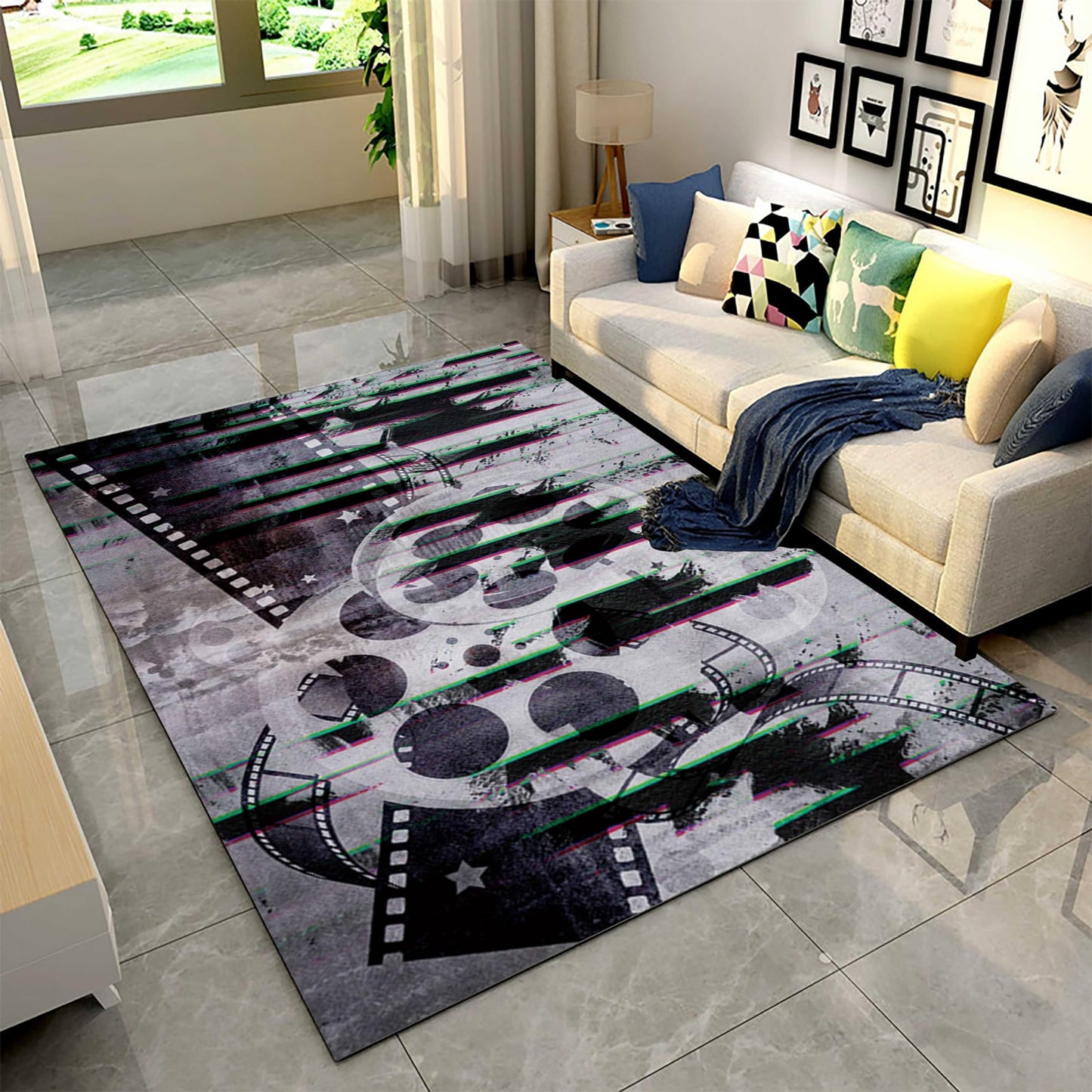 Puyosvr Retro Cinema Movie Area Rug,Non-Slip Filmstrrip and Popcorn Patterned Rug,Cinema Sign Carpet for Sofa Living Room Kitchen Play Mat Nursery Throw Rugs Yoga Mat (2, 4x5ft)