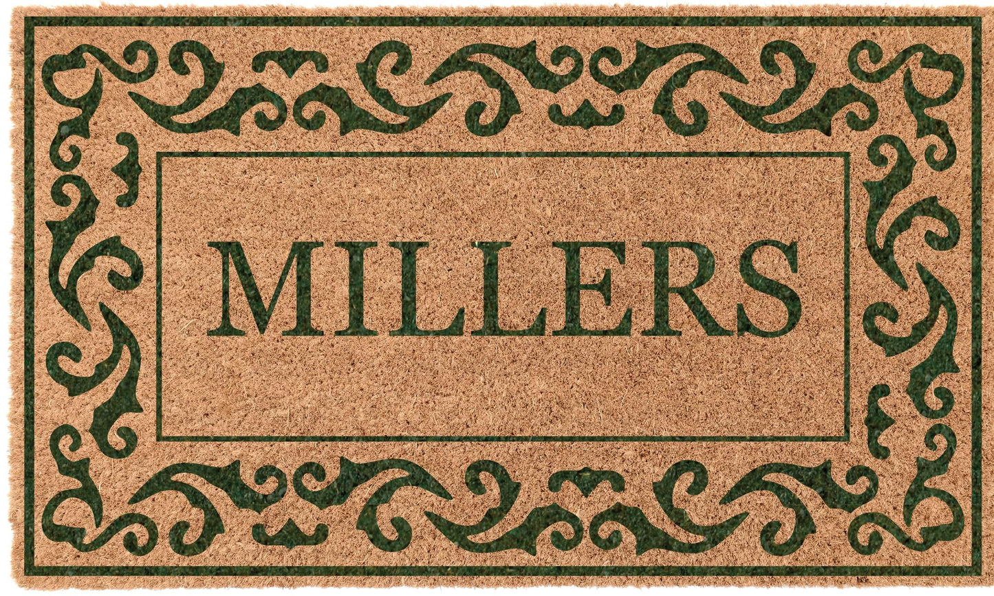 COCO MATS 'N MORE Coco Coir Door Mat – Personalized Outdoor Welcome Mat, Front Porch Mat with Vinyl Backing & Heavy-Duty Dirt-Trapping Bristles, (38" x 60"| Green | Rolling Scrolls | Made in USA)
