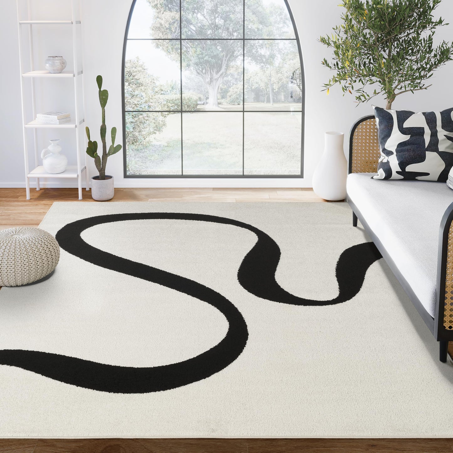 Abani Black and Cream Area Rug | 4' x 6' White Abstract Swirl Wave Carpet | Beige/Ivory Geometric Wave Design | for Living Room, Bedroom and Office | Medium Pile