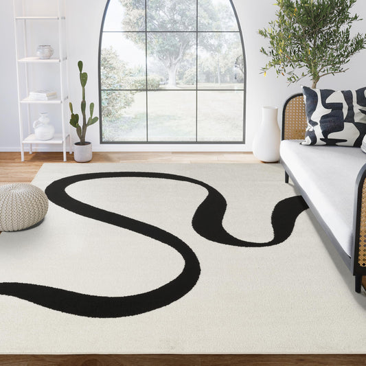 Abani Black and Cream Area Rug | 4' x 6' White Abstract Swirl Wave Carpet | Beige/Ivory Geometric Wave Design | for Living Room, Bedroom and Office | Medium Pile