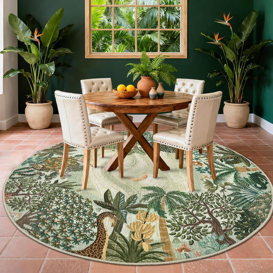 GarveeHome Round Area Rugs 6ft for Bedroom, Green Jungle Washable Circle Rug Soft Non Slip Forest Animal Print Floor Mat Tiger Carpet Indoor Thin Rug for Living Room Dining Room Playroom Nursery