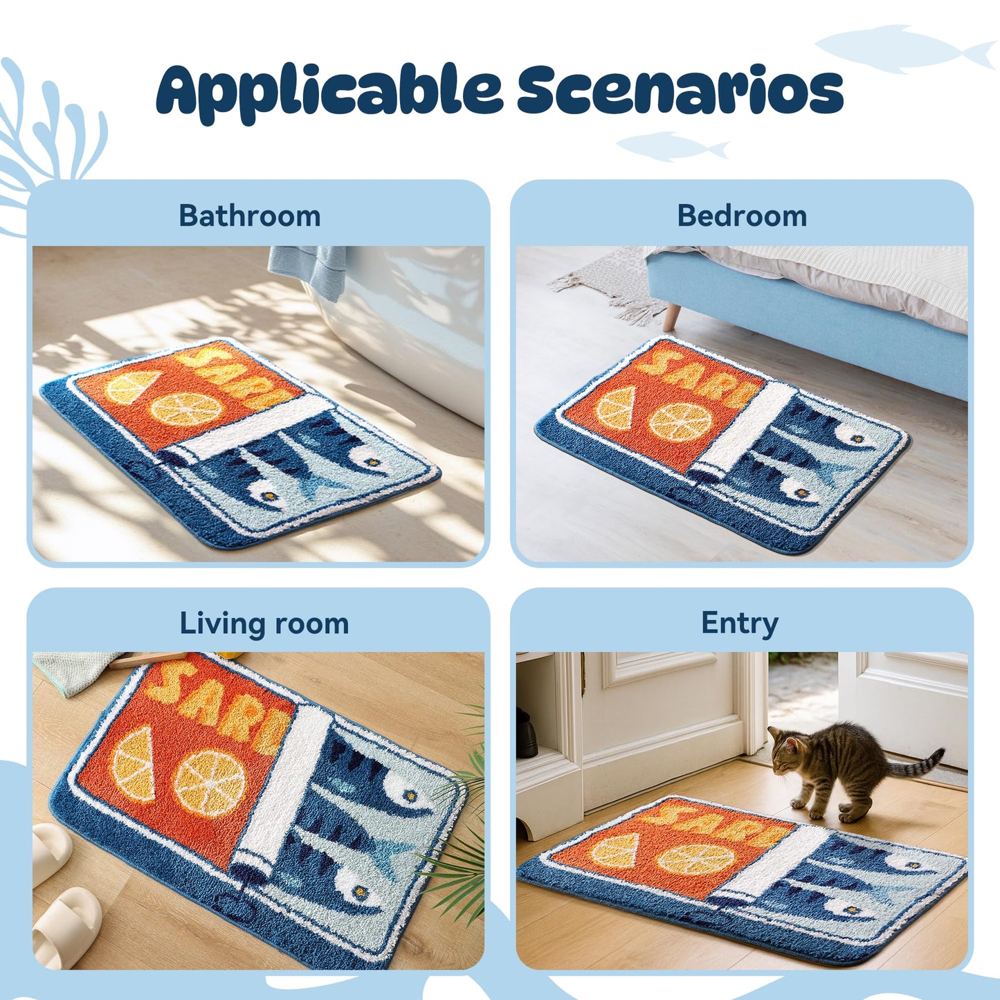 TRUEDAYS Sardine Can Bath Mat, Blue Bathroom Rugs for Bedroom, Soft Washable Rug Non Slip Cute Kitchen Bath Mats for Bathroom Funny Cartoon Fish and Lemon