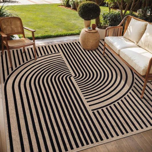 Tangsoo Rainbow Easy Jute Rug 5x7 Large Washable Area Rug for Living Room,Black Non-Slip Thin Outdoor Rug,Modern Farmhouse Indoor Carpet for Dining Room Table Bedroom Patio