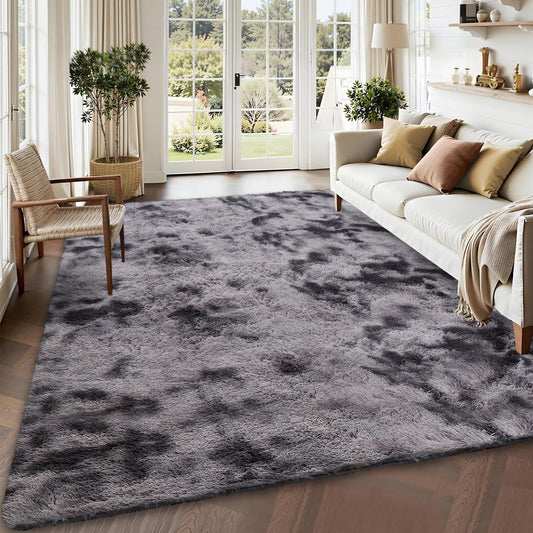 Garvee 6'x9' Large Fluffy Tie-Dye Shaggy Area Rug for Living Room, Soft Fuzzy Plush Rug for Dining Room & Playroom, Aesthetic Carpet, Non-Shedding, Machine Washable, Tie-Dyed Dark Grey