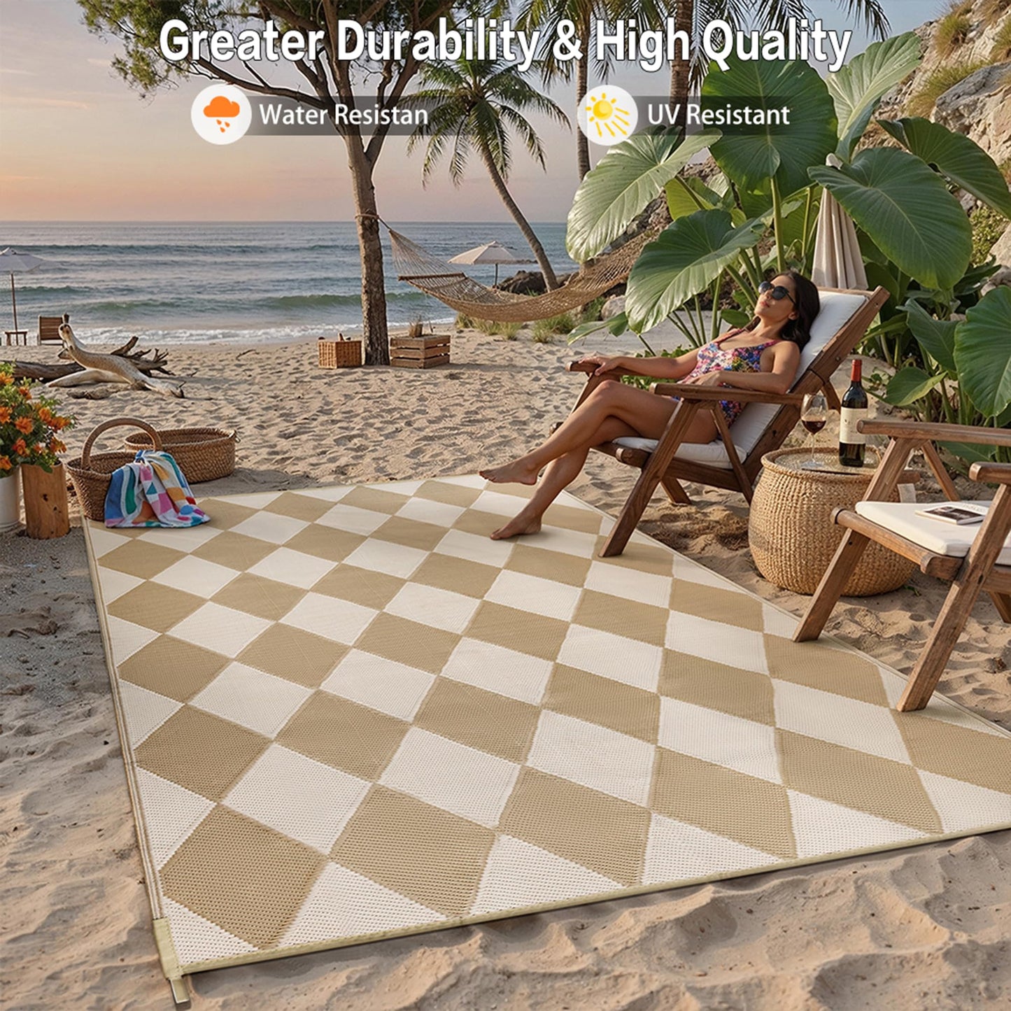 WondRg Outdoor Plastic Checkered Rug Waterproof Patio 6x9 Beige Brown Diamond Geometry Mat for Porch Camping RV Balcony Deck Courtyard Reversible Lightweight Durable Portable