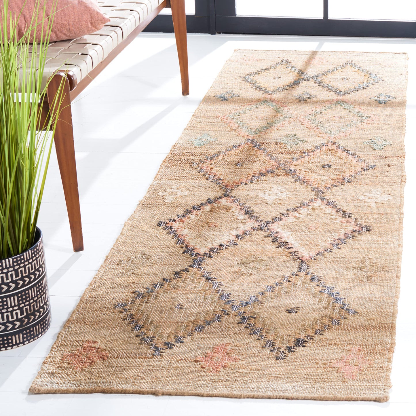 SAFAVIEH Kilim Collection Runner Rug - 2'3" x 8', Natural & Blue, Handmade Moroccan Boho Jute & Cotton, Ideal for High Traffic Areas in Living Room, Bedroom (KLM753A)