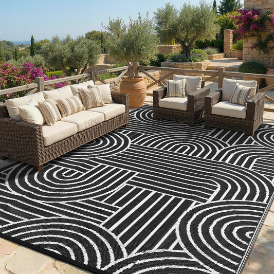 Garvee Reversible Rainbow Outdoor Rug 8x10, Waterproof Outdoor Plastic Straw Rug, RV Mat for Picnics, Patio, Camping, Balcony, Deck, Backyard, Porch, Black