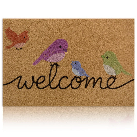 Yinhua Colorful Birds Coir Door Mat, Heavy Duty Welcome Mat with Non-Slip Rubber Backing, Low Pile Front Door Mats for Outside Entrance, Natural Entry Mats Coconut Fiber Surface for Porch 17"x30"