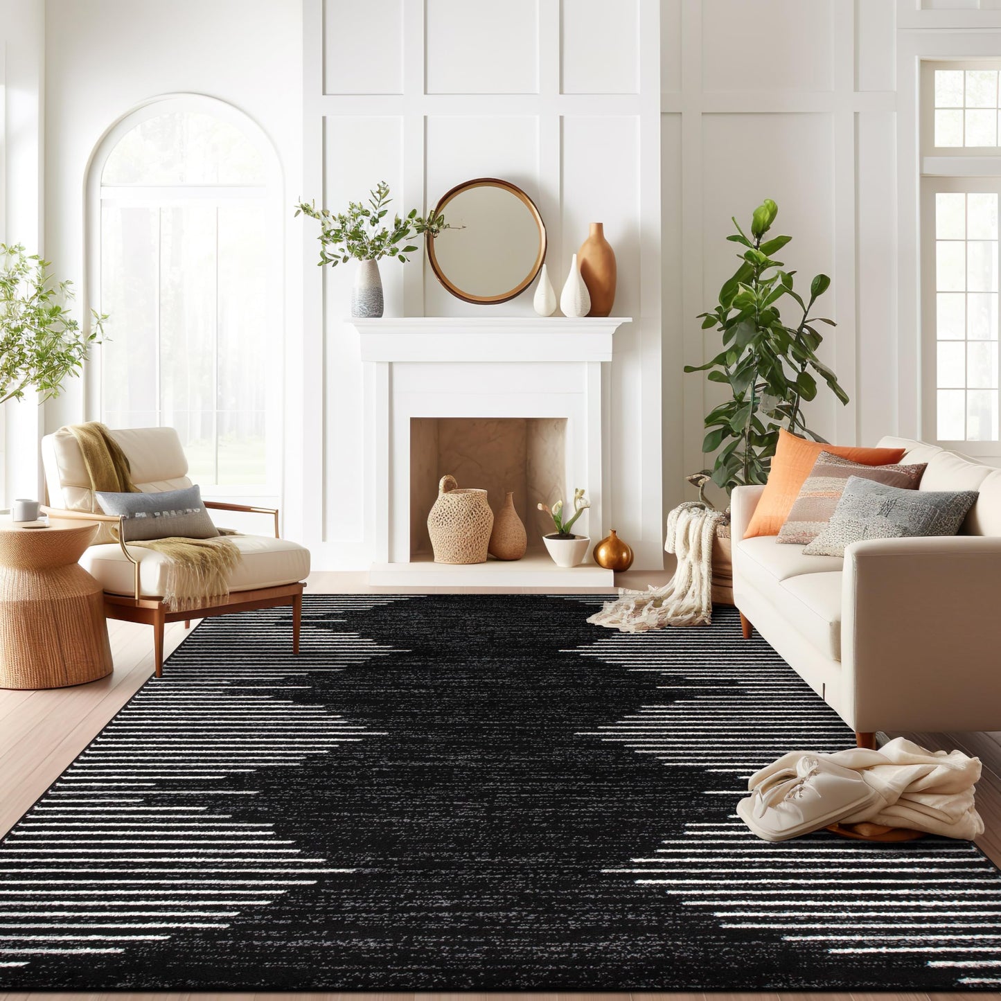Rugshop Bohemian Stripe Stain Resistant Carpet High Traffic Living Room Kitchen Bedroom Dining Room Large Areas Basement Open Spaces Area Rug 8' x 10' Black