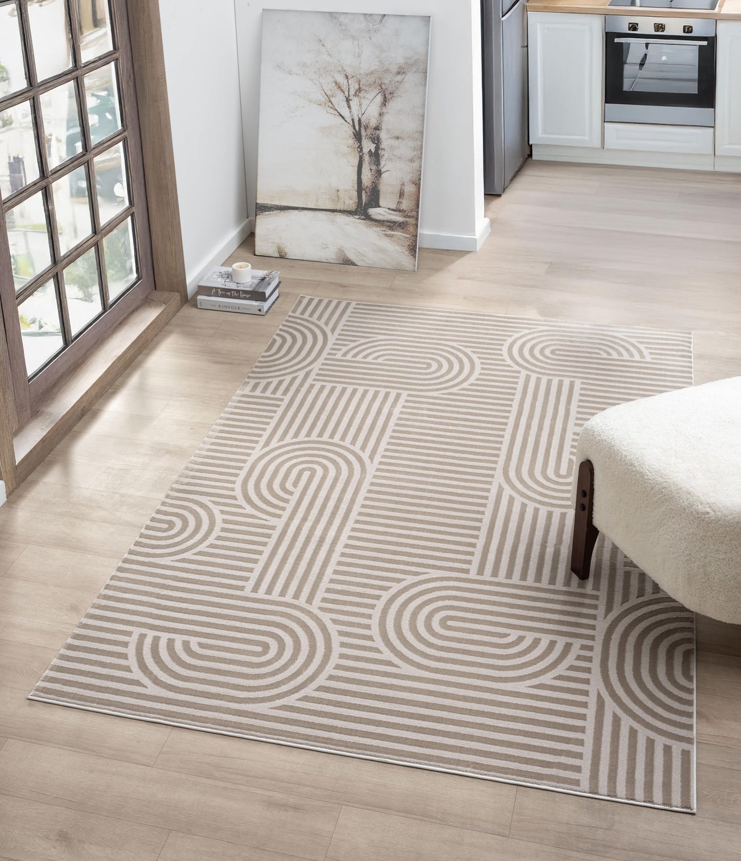 RUGGERRUGS Annabel Modern Geometric Area Rug for Living Room, 5x7 Contemporary Arched Linear Beige Neutral Rug, Stain Resistant Non-Shedding Carpet for Bedroom, Dining Room or Kitchen (5' x 7', Beige)