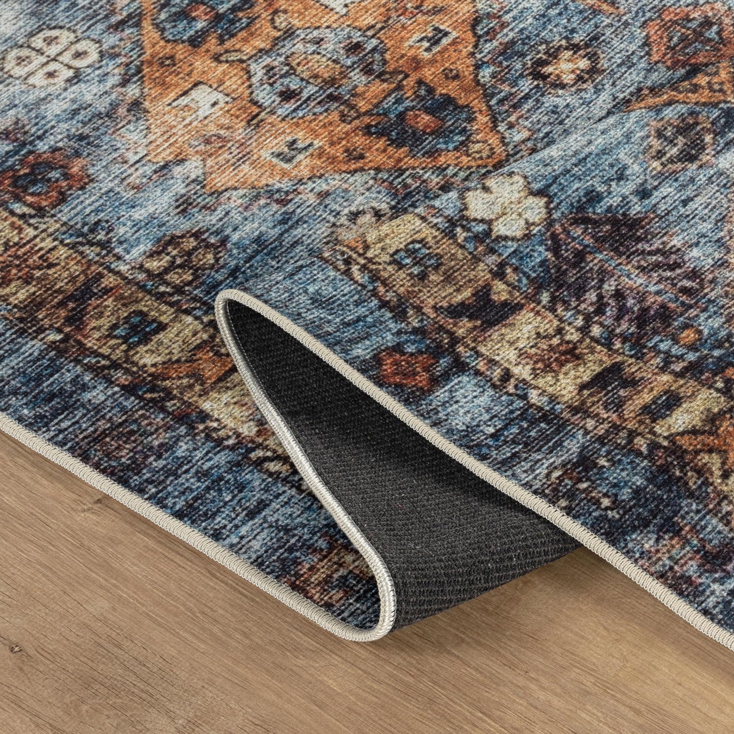 Bloom Rugs Washable Non-Slip 5' x 7' Rug - Blue/Orange Traditional Bordered Area Rug for Living Room, Bedroom, Dining Room, and Kitchen - Exact Size: 5' x 7'