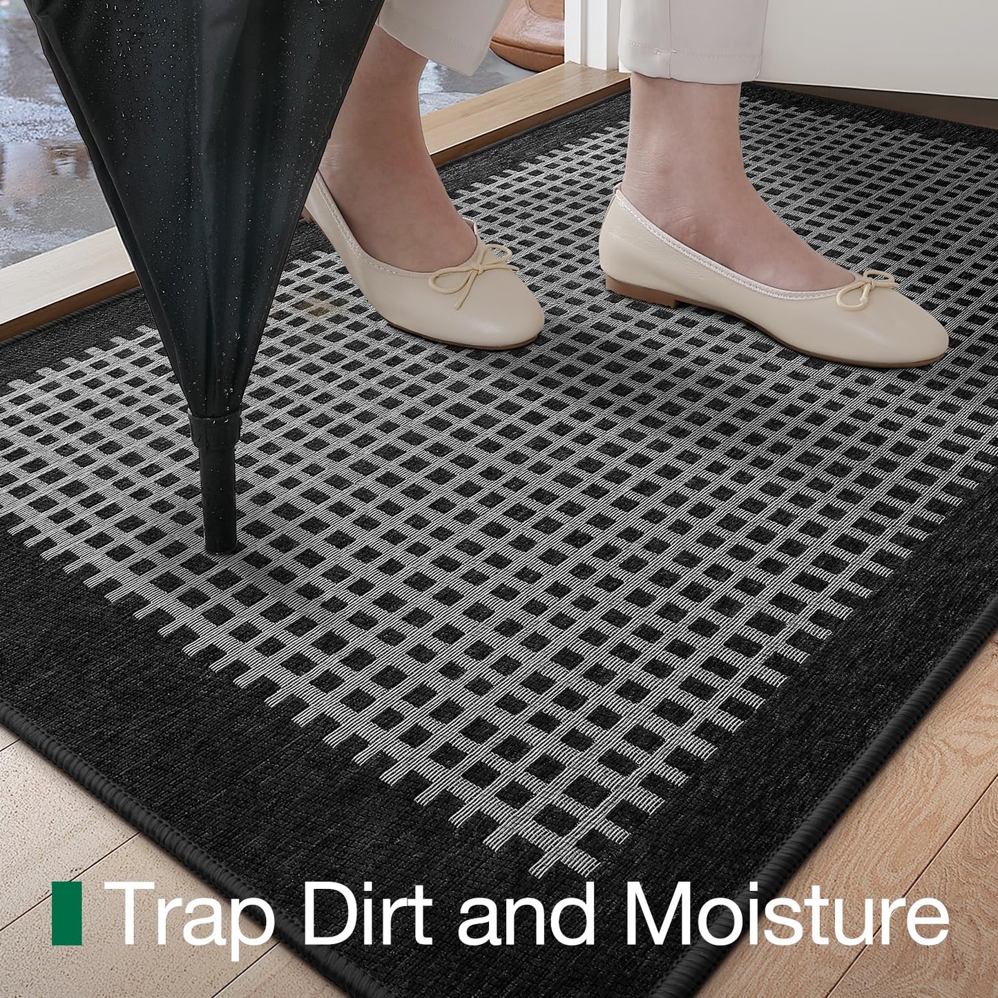 LUMI Inside Door Mat for Entry 17''x30'', Absorbent, Dirt Trapper, Low Profile Thin, Non Slip Mats with Rubber Backing, Ideal for Indoor, High Traffic, Garage, Entrance, Checkered Black