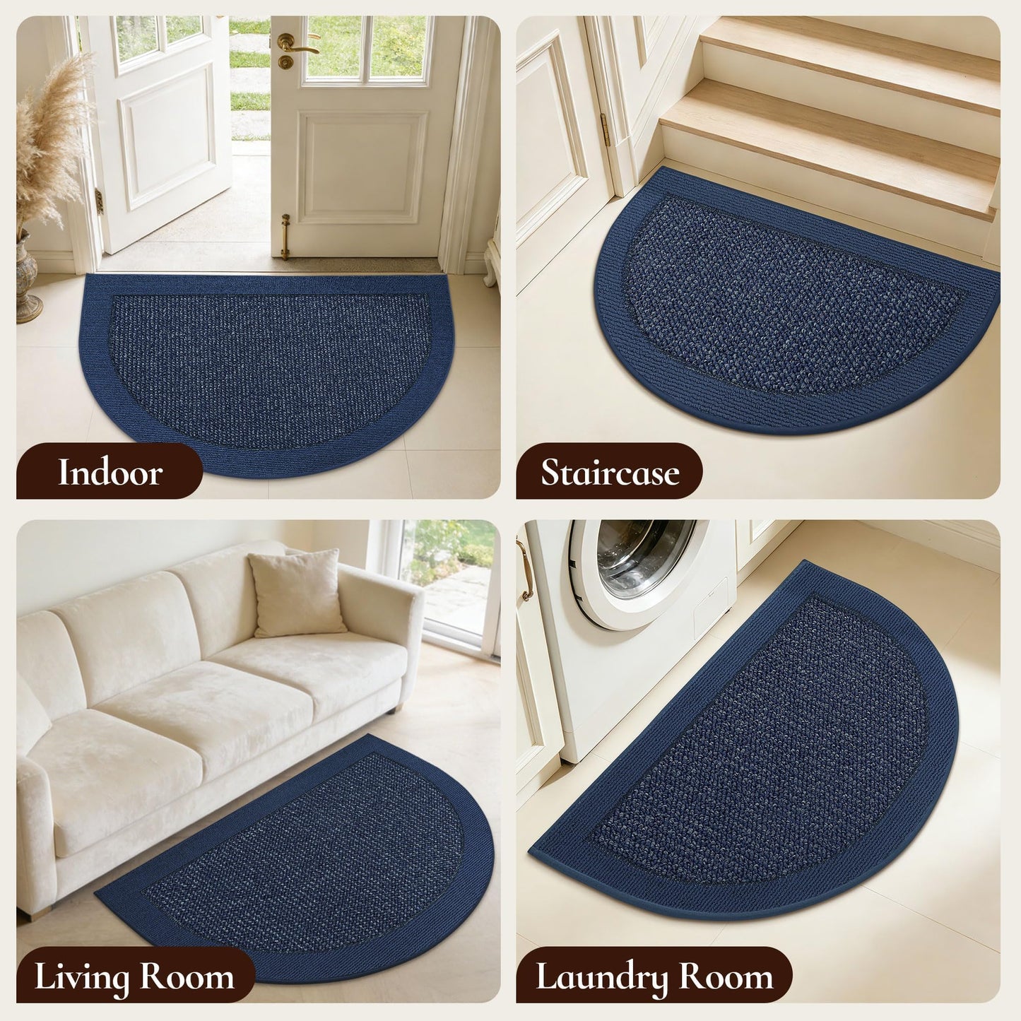 FLOORHUG Dirt Trapper Door Mats 17"x30", Half Circle Entryway Rugs Non-Slip Washable, Dirt Resist and Absorbent Doormat Low Profile Entrance Mat Floor Mats for Front Back Door, Blue