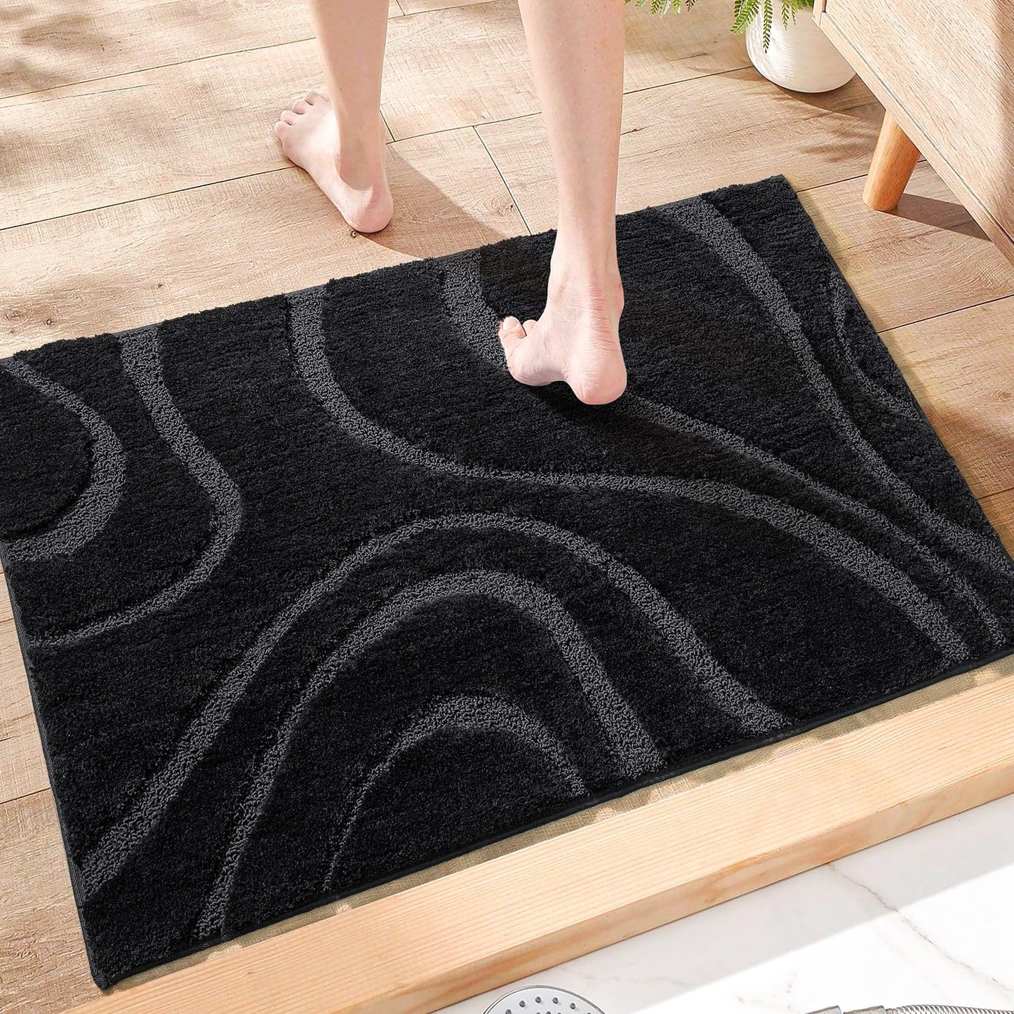 DEXDE Bathroom Rugs Mat 20x32, Soft Plush Shaggy Microfiber Bath Rug Non Slip Bath Mats for Bathroom Floor, Machine Washable Absorbent Carpet for Shower Tub, Black
