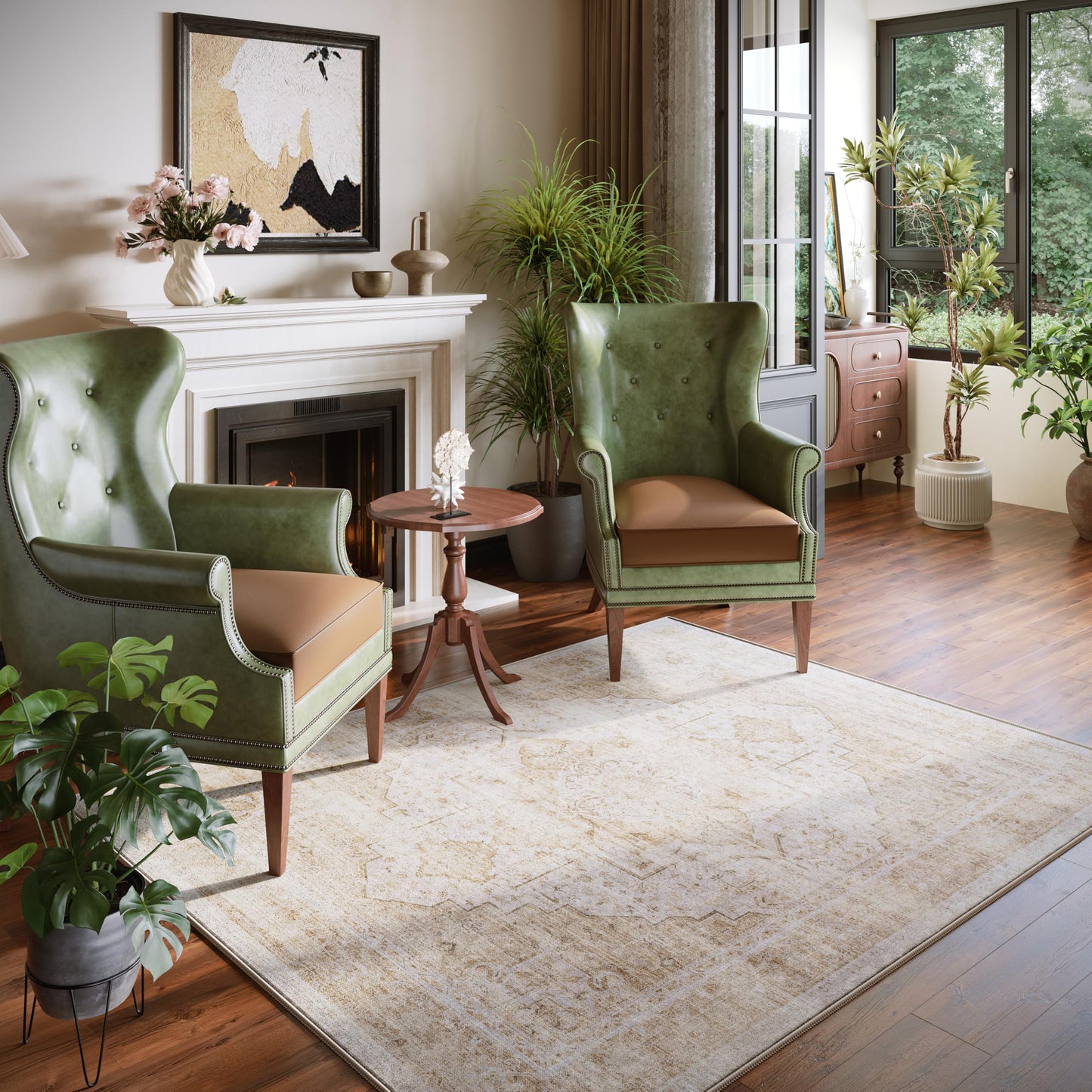 5x7 Washable Vintage Area Rug - Distressed Medallion Rugs Non-Slip Soft Stain Resistant Carpets for Living Room Bedroom Playroom Dining Room Office, Beige