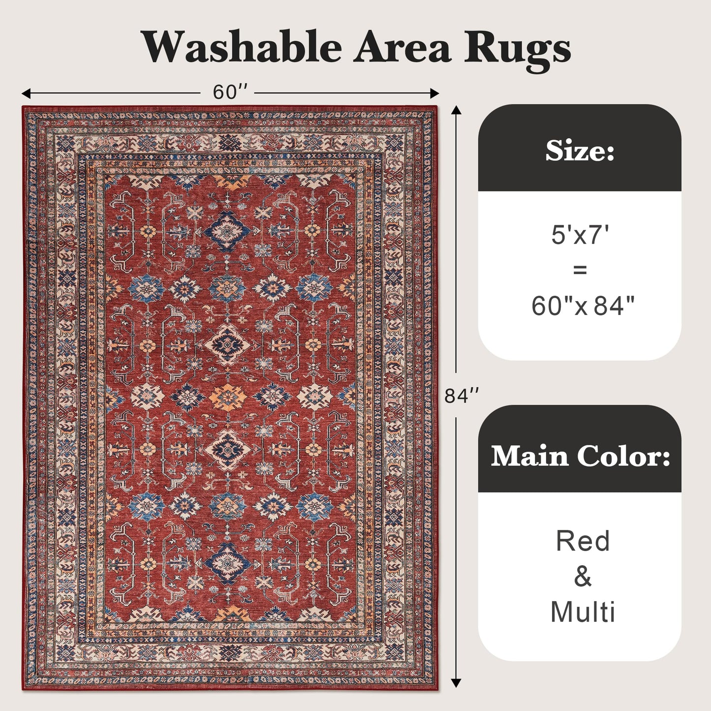 Rugland 5x7 Area Rugs - Stain Resistant Washable Rugs 5x7, Anti Slip Backing Low Pile Rugs for Living Room, Bedroom, Vintage Tribal Area Rugs, Burgundy