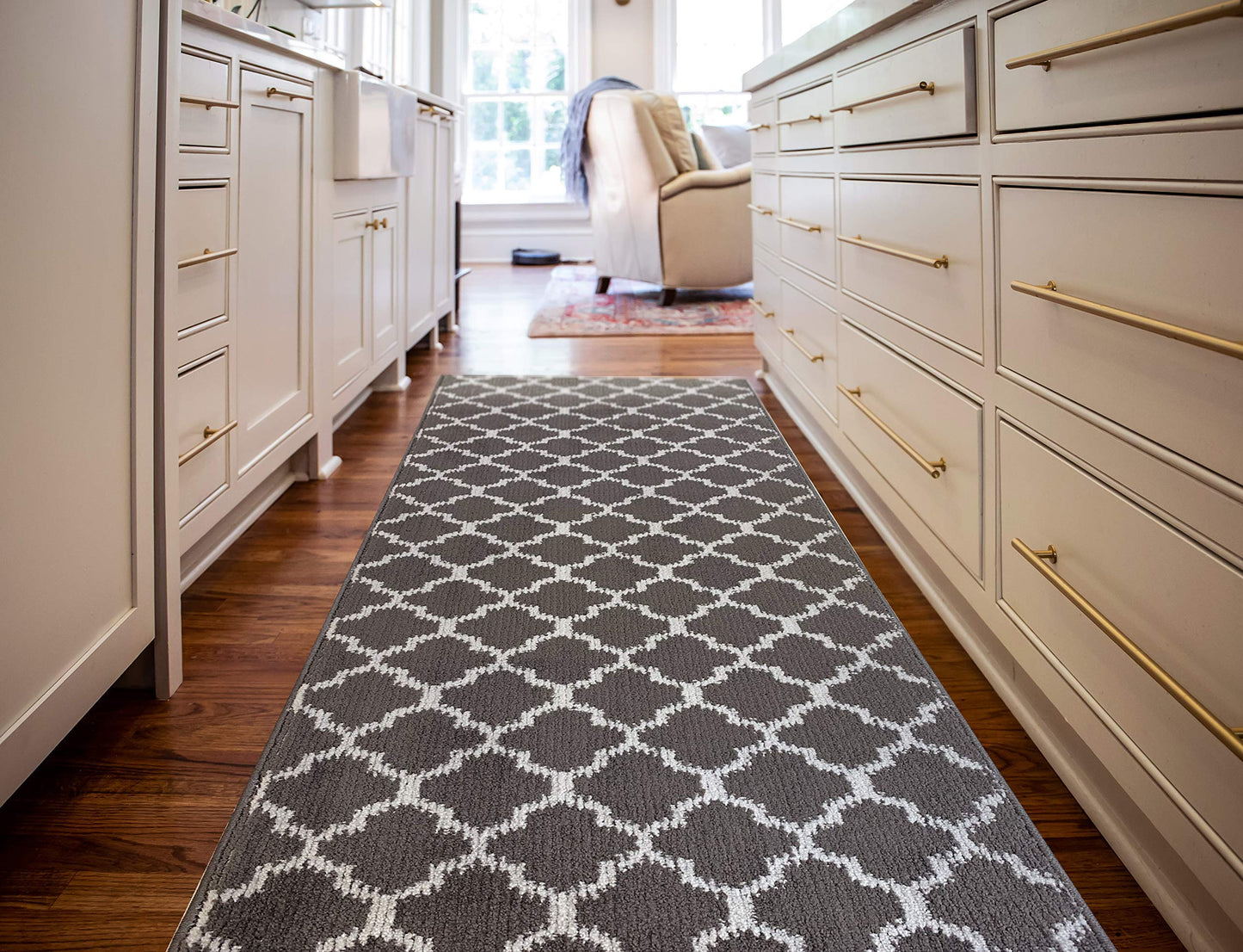 REMNAZ Custom Size Hallway Runner Rug, Trellis Dark Gray, 31 in x 7 ft