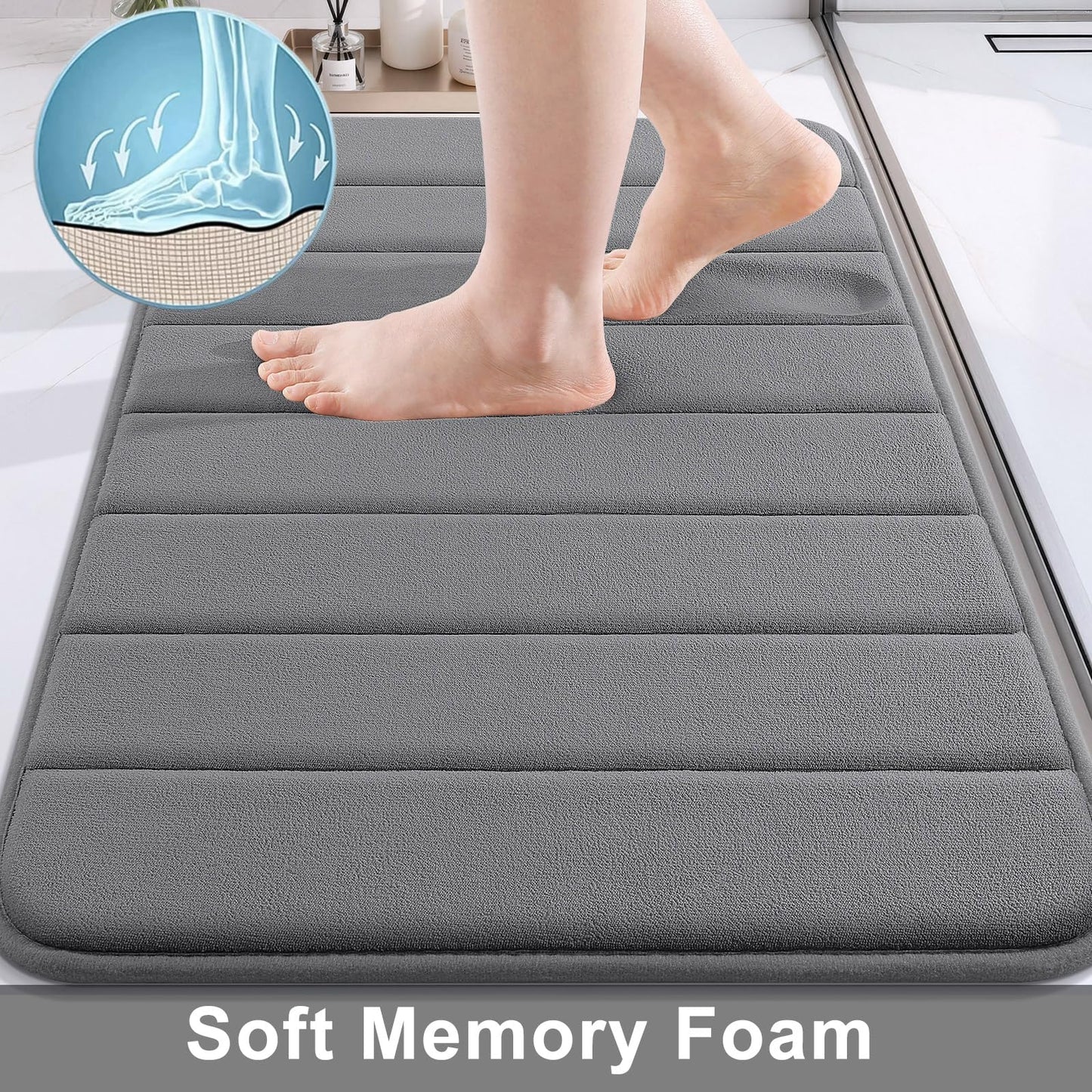 Buganda Memory Foam Bath Mat, 60" x 24", Ultra Soft and Non-Slip Bathroom Rugs, Water Absorbent and Machine Washable Bath Rug Runner for Bathroom, Shower, and Tub, Grey