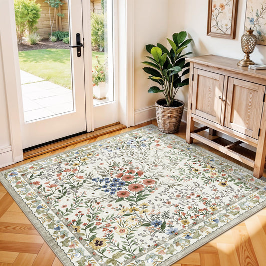 4x4 Square Entry Rug Foyer Entryway: Non-Slip Floral Washable Rugs for Indoor Floor Living Room Kitchen Bedroom - Soft Thin Doormat Carpet Boho Vintage Home Decor (4ft Square, Beige)
