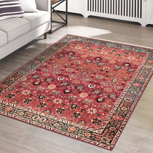 vivorug Washable Rug, Ultra Soft Area Rug 5x7, Non Slip Throw Rug, Stain Resistant Rugs for Living Room Bedroom Kitchen, Vintage Floral (Cherry Red/Spice, 5'x7')