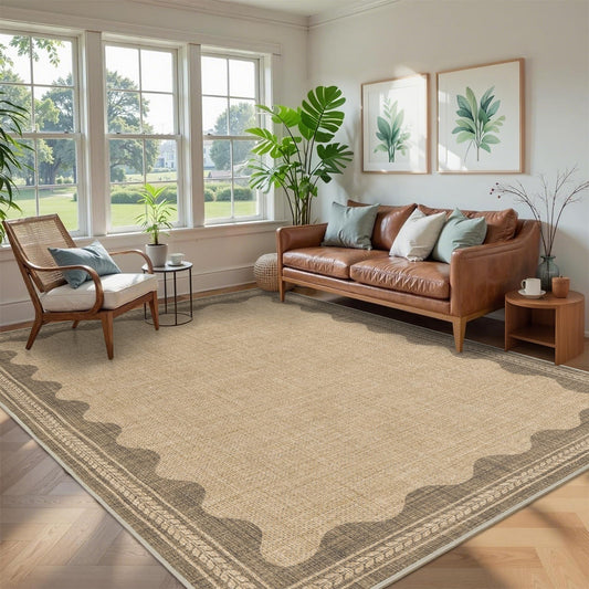 Easy Jute Rug 8x10 Outdoor Rug Scalloped Washable Rugs for Living Room Bedroom Non Slip Neutral Farmhouse Indoor Outdoor Carpet for Backyard Patio Office