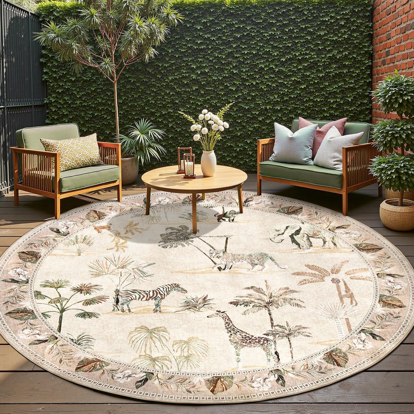 jinchan Round Rug 8ft Beige Jungle Animals Print Living Room, Machine Washable 8' Circle Modern Soft Non-Slip Forest Plant Kids Room Throw Area Rug, Low Pile Carpet for Dining Room Bedroom Playroom