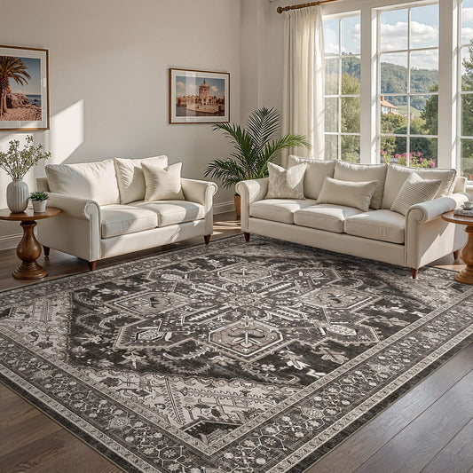 WITSHOCK Black 10x12 Large Living Room Rugs: Washable Modern Vintage Boho Soft Low Pile Stain Resistant Foldable Carpet for Bedroom Playroom Dining Room Office, Distressed Farmhouse Floral Home Decor