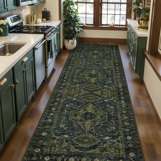 Tangsoo 3x8 Washable Runner Rug for Hallways, Non Slip Vintage Runner Rug, Soft Low Pile Long Rug Runner, Print Distressed Green Carpet Runners for Kitchen Bedroom Entryway Bathroom Living Room