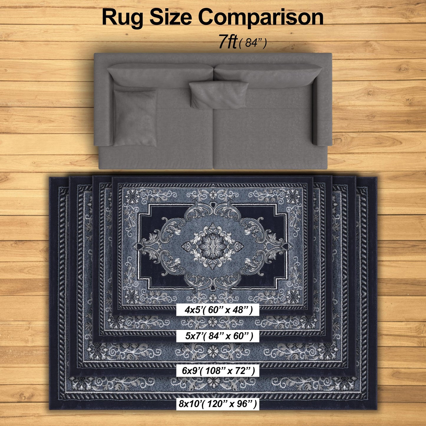 HADBA Modern 8 x 10 Rug for Living Room - Navy Oriental Large Area Rugs for Living Room Dining & Bedroom - Hand Carved Runner Carpet - Durable Polyester - Non-Fade Stain-Resistant - Turkish Made