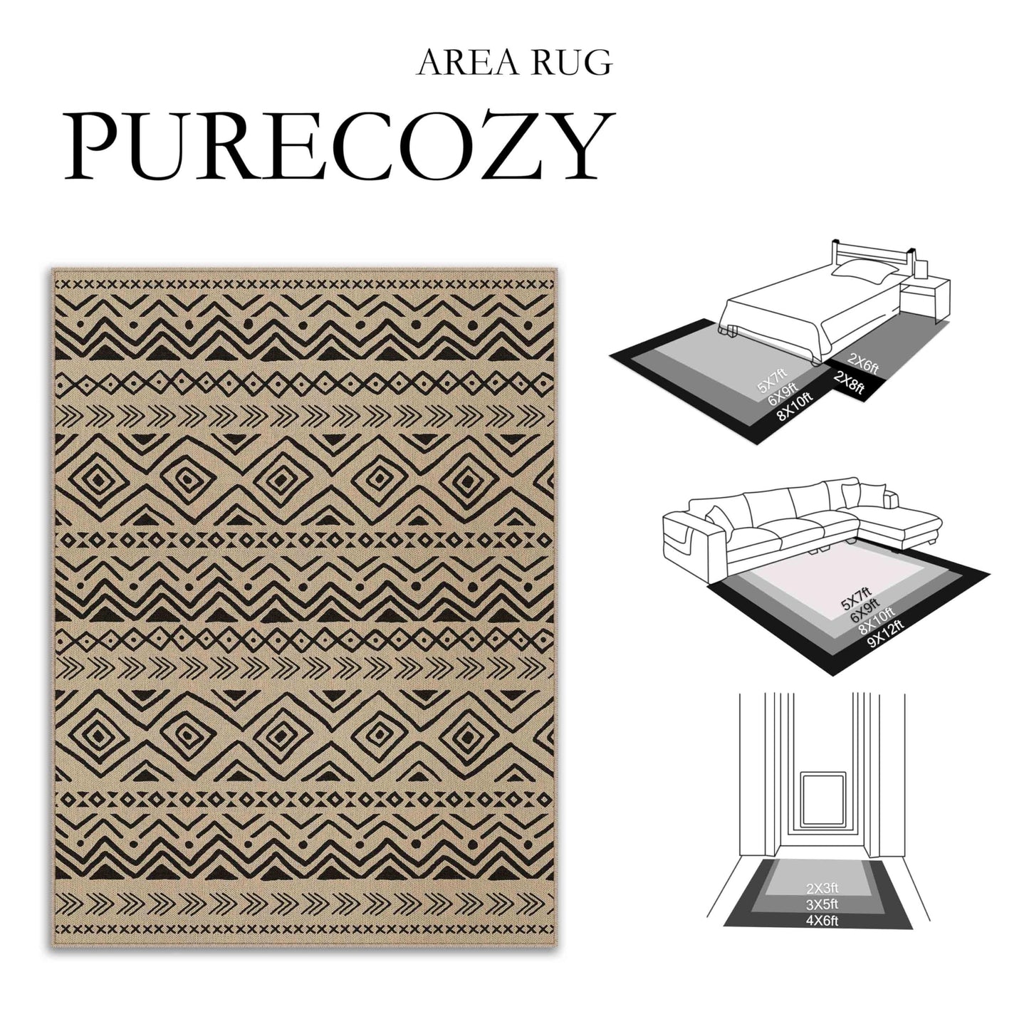 PureCozy 5x8 Easy Jute Outdoor Rug Black Boho Indoor Outdoor Area Rug Farmhouse Patio Carpet for Backyard, Patio, Porch, Living Room， Easy-Cleaning, High Traffic, Pet-Friendly, Non-Shedding